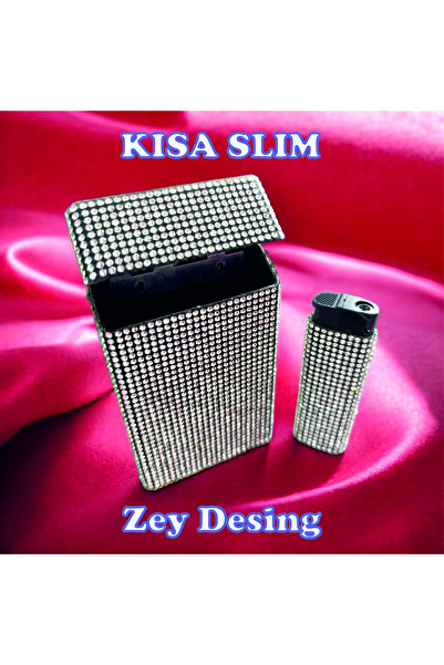 Zey Desing Kalın Gümüş Taşlı Sigara Kutusu & Çakmak Seti Kısa Slim