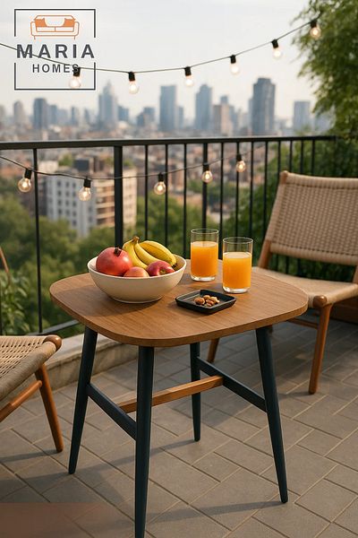 MARIA HOMES Square Wooden Table with Black Legs and Natural Crossbar Accent