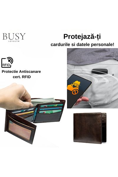 Busy Lady&Gentleman Men's wallet NoScan Bruiage, genuine leather, anti-scanning RFID cards, ID card compartment
