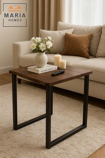 MARIA HOMES Square Wooden Table with Live Edge and Minimal Black Frame