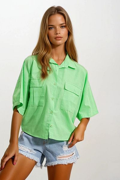 VAGGON Women's Green Double Pocket Half Sleeve Linen Shirt Vgn-X9991