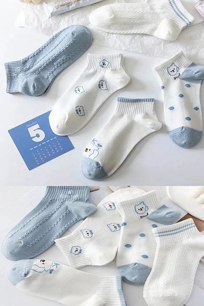 Esinti 5 Pairs Women's Ankle Length Blue Colored Polka Dot Teddy Bear Patterned Booties Socks Set 5 Pieces