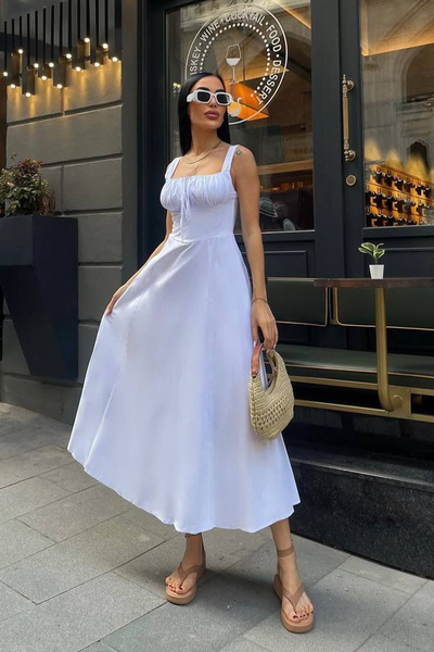 Seda Yalçın Atelier Γυναικείο Μίντι Φόρεμα Λευκό Κορσέ Ποπλίνα