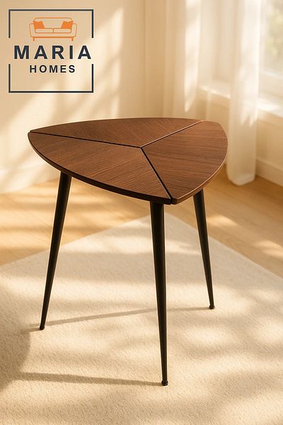 MARIA HOMES Triangular Wooden Side Table with Geometric Top and Sleek Black Legs