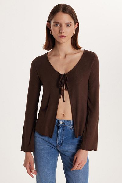 Tudors Women's Regular Fit Long Sleeve U Neck Lacing Detailed Viscose Brown Cardigan