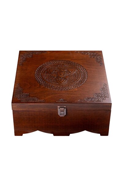 Anadolia Turna Kuşu Desenli Masif Ahşap Sandık Orta Boy