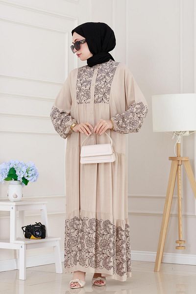 Sevitli Half Button Robe Beyza Dress-Beige