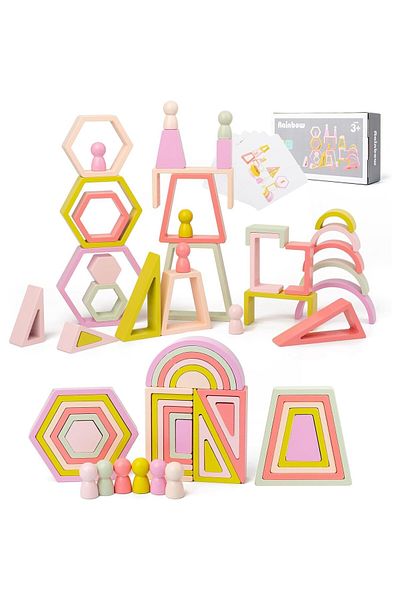 OEM Set 35 de Piese din Lemn, Curcubeu, Culori Pastel, Blocuri de Constructie Montessori pentru Prescola