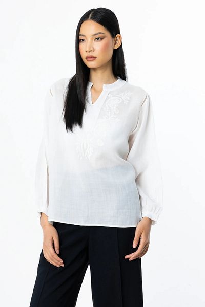 Ekol Women's Embroidered Linen Blouse 3924 Ecru