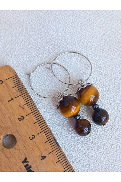 ayrestyle Stylish Women's Earrings with Tiger Eye and Onyx Stone Silver Color Dangle Hoop