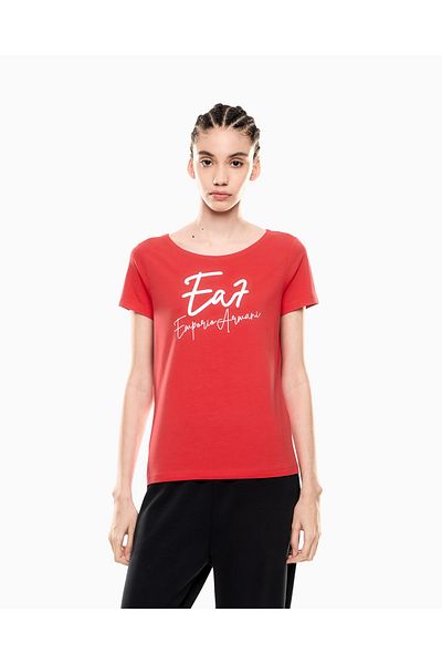 EA7 Women's Crew Neck Ea7 Text Detail Short Sleeve Tight Red T-Shirt 7W000184 Af10373-U5061
