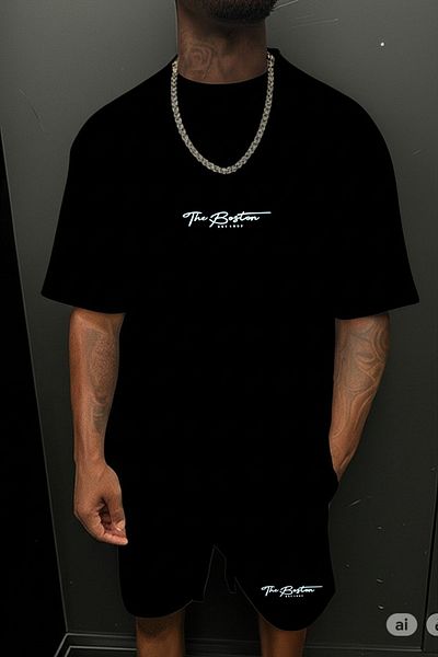 NO 601 Men's Black Fine Futter Boston Printed Orphan Sleeve Tshirt Shorts Set
