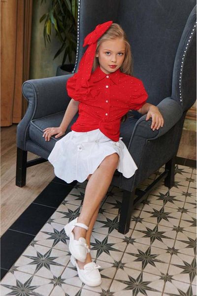 Riccotarz Girl's Balloon Sleeve Overhead Stone Embroidery Asymmetrical Cut Red Shirt with Floral Motif Skirt Suit