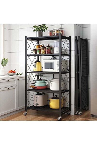 Un فوف تخزين معدنية 5 دور قابلة للطي متعددة الاستخدامات مع عجلات - مثالية للمطبخ والحمام وغرف التخزين