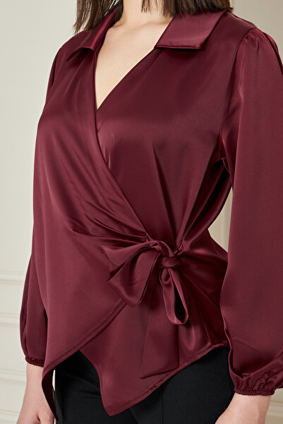 happinice Kadın Kırmızı Kruvaze Yandan Bağlamalı Saten Bluz Gömlek