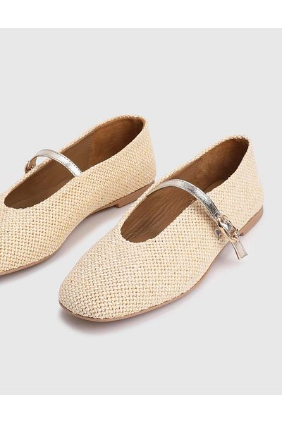 İLVİ Larina Wicker Leather Beige Women's Ballerinas