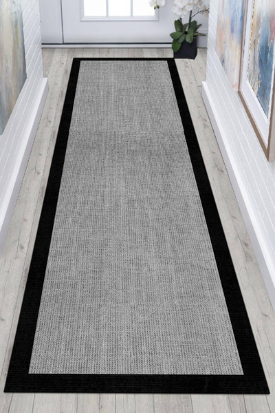Zeria Home Hasır Görünümlü Dijital Kaymaz Taban Yıkanabilir Gri Siyah Koridor Halısı Yolluk