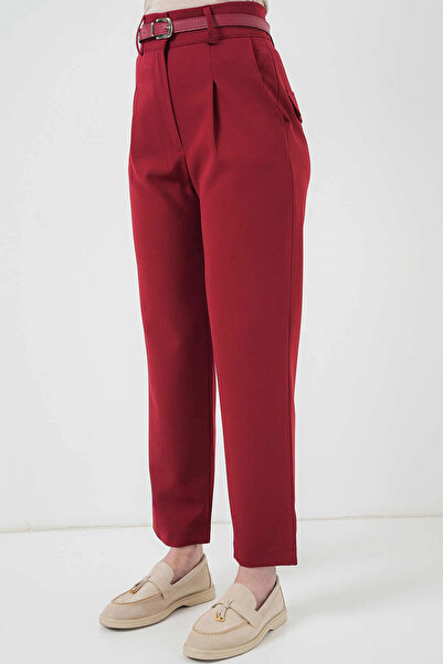 hazelin Women's Burgundy High Waist Belted Fabric Trousers Hzl25S-Bd167251
