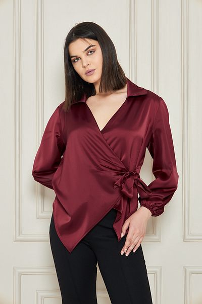 happinice Women's Red Double Breasted Side Tie Satin Blouse Shirt