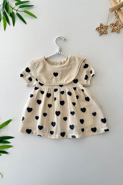 Minigimin Cicileri Baby Girl Lined Dress with Heart Detail Collar - Cream