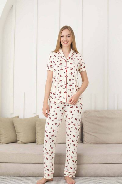 ALİMER Women's Mushroom Pattern Pajama Set - Lycra Short Sleeve with Front Button 2858Ky