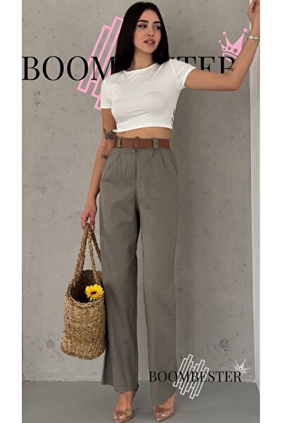 BoomBester Khaki Linen Palazzo Women's Trousers - With Belt and Elastic Waist