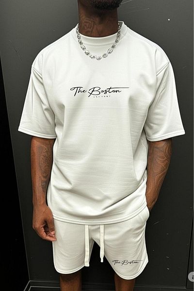 NO 601 Men's White Fine Futter Boston Printed Orphan Sleeve Tshirt Shorts Set