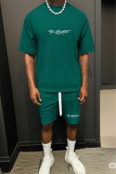 NO 601 Men's Petrol Green Fine Futter Boston Printed Orphan Sleeve Tshirt Shorts Set