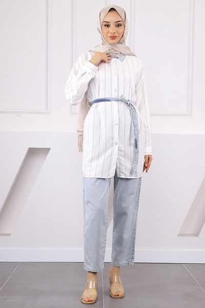 İmajButik Light Blue Waist Belted Jeans Garnished Tunic Trousers Suit