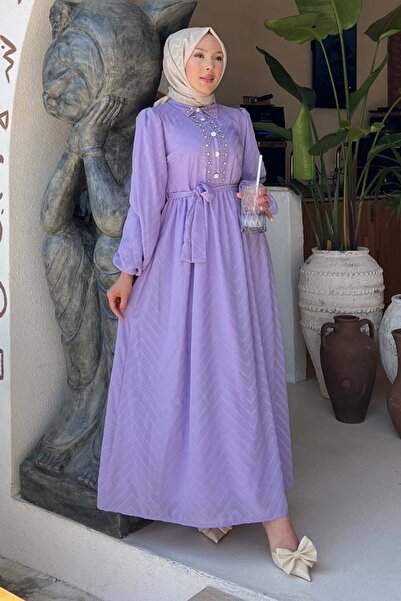 benguen Taş Detaylı Tesettür Elbise Lila 1412