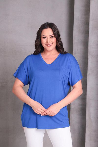 Ebsumu Women's Plus Size Single Pocket Detail Basic Blue T-Shirt