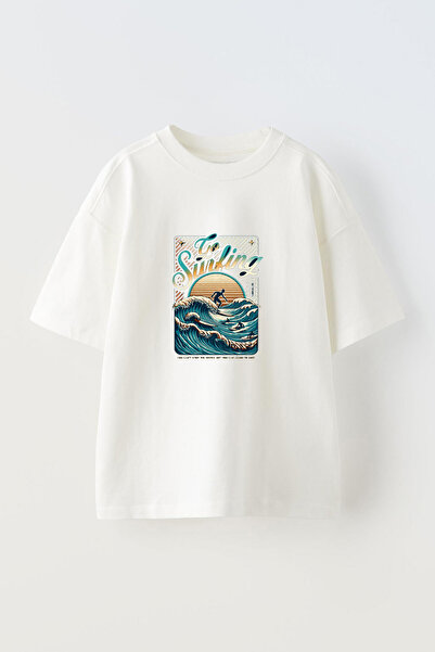 Anetos Tricou Ocean Beach Front cu imprimeu Cotton White supradimensionat