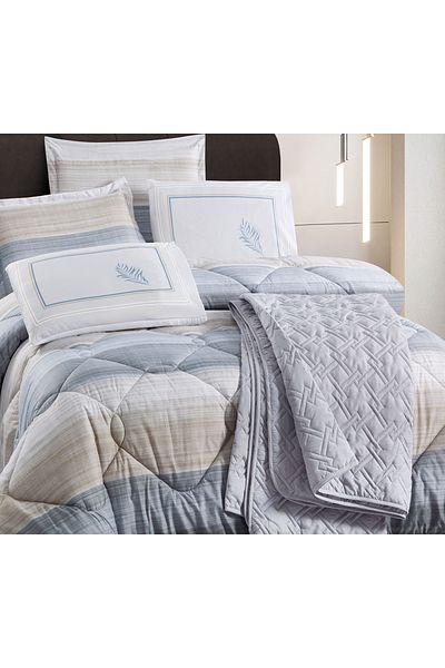 Q LAND Balqis Summer Double Quilt Set, 7 Pieces, Grey Checked