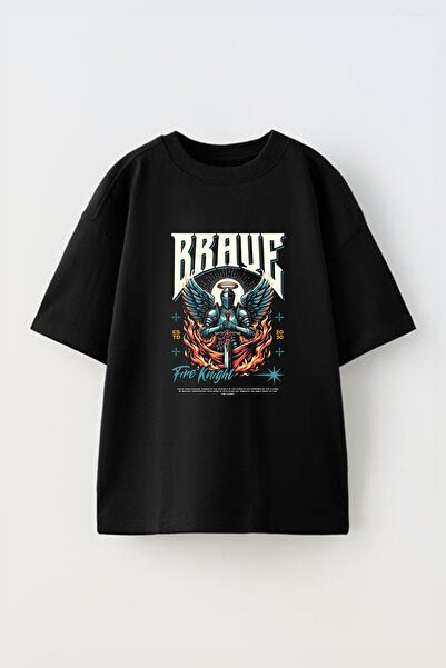 Anetos Tricou Brave Fire Knight Front cu imprimeu Cotton Black supradimensionat