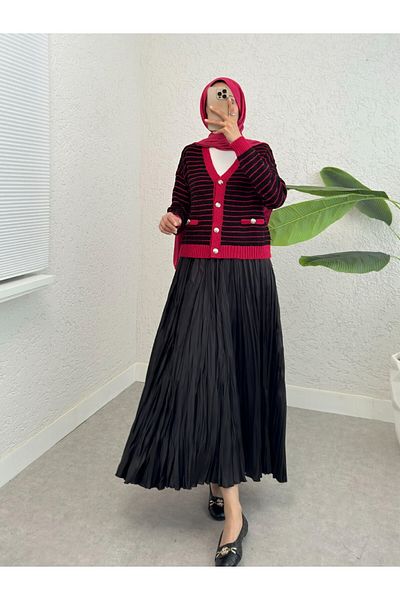 Modamorfo Buttoned Pocket Detailed Thin Striped Knitwear Cardigan - Cherry