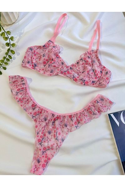RUYAZ Pink Floral Print Sheer Tulle Bralet and Panty Set - Romantic Lingerie with Ruffles