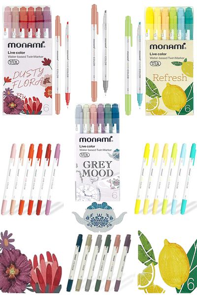GLANCE Monami Live Color Refresh 6-Pack Highlighter Live Color 6-Pack Pen Gray Mood Live Color Dusty Flora 6-Pack