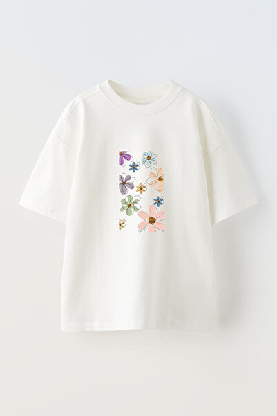 Anetos Μπλουζάκι Cicekler Cizim Cicekler μπροστά με τύπωμα βαμβακερό λευκό oversized