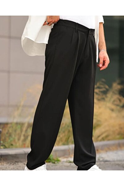 LU-MİLA Men's Pleated Baggy Elastic Waist Fabric Trousers-Black