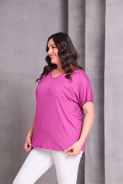 Ebsumu Women's Plus Size Single Pocket Detail Basic Pink T-Shirt