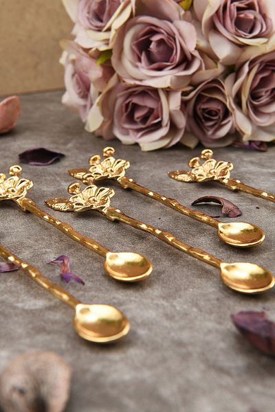 HELVACIOĞLU AKSESUAR Set of 6 Zamak Floral Teaspoon Gold