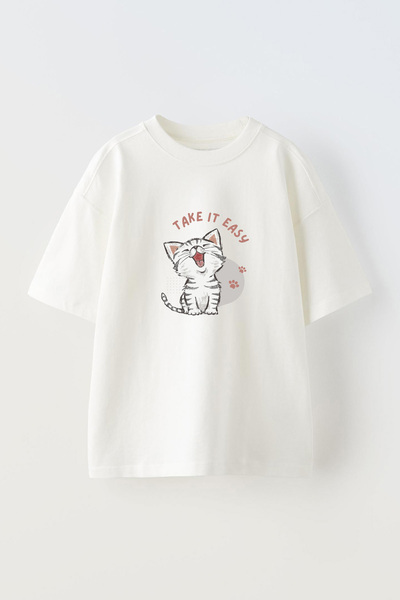 Anetos Μπλουζάκι Take It Easy Cat Front με τύπωμα Cotton White oversized