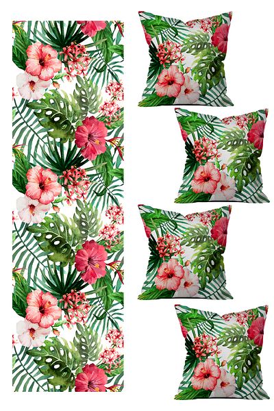 LadiesHome Floral Special Design Runner and 4-Piece Throw Pillow Cover Set 5 Pieces (140X40) (43X43 cm)