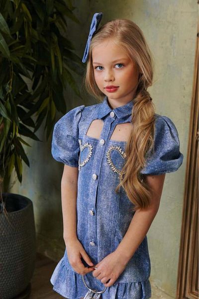 Riccotarz Girl's Blue Denim Dress with Diamond Heart Embroidered Balloon Sleeves and Chest Slit Detail
