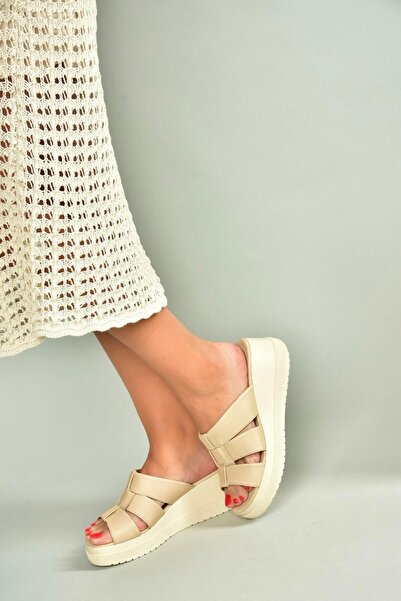 Fox Shoes U555330903 Beige Genuine Leather Thick Soled Women's Slippers