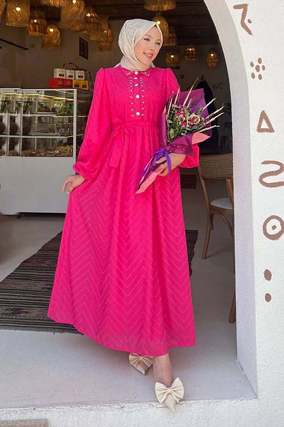 giyze Πέτρινο λεπτομερές φόρεμα Hijab Fuchsia 1412