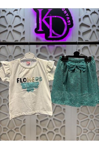KUMRUNUN DÜNYASI Colorful Printed T-Shirt and Tulle Skirt Girls' Bottom Top Set