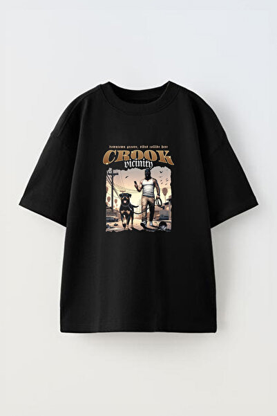 Anetos Tricou Gangster Crook Front cu imprimeu Cotton Black supradimensionat