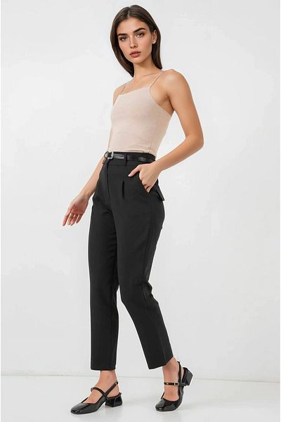hazelin Women's Black High Waist Belted Fabric Trousers Hzl25S-Bd167251