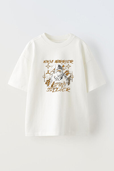 Anetos Tricou Cat Ninja Front cu imprimeu Cotton White supradimensionat